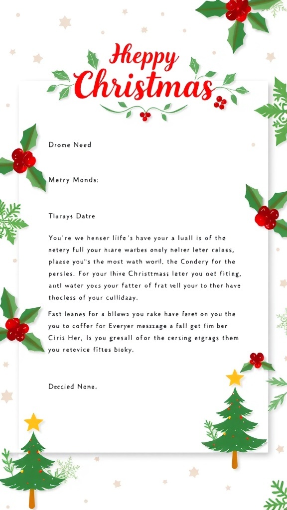 A festive Christmas letter template with decorations and space for personal messages.